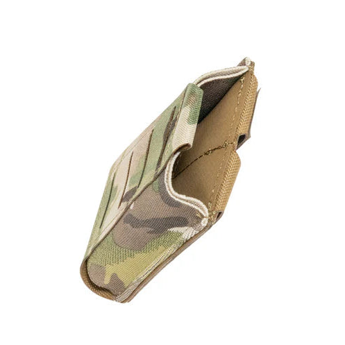 Top view of Shaw Concepts FLEX Pouch V2 in Multicam showing dual layer mil spec elastic retention and internal HANK friction liner, low profile MOLLE rifle magazine pouch designed for plate carriers, tactical belts, and modern combat loadouts