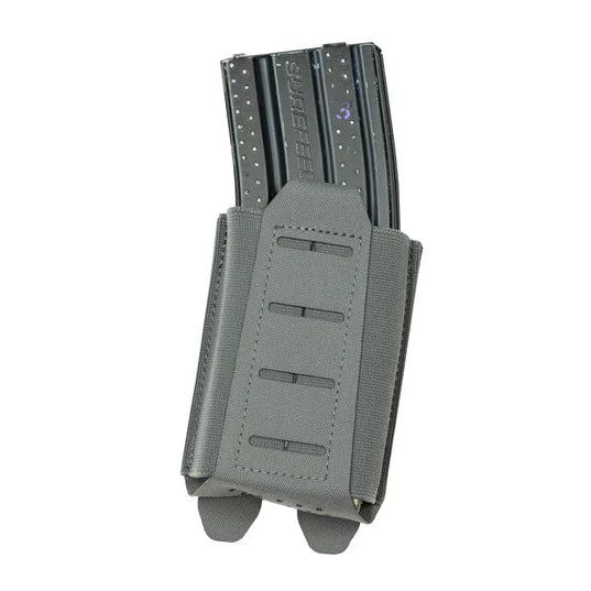 Shaw Concepts FLEX Pouch V2 in Wolf Grey low profile elastic rifle magazine pouch with dual layer mil spec retention and HANK friction liner, MOLLE compatible tactical rifle mag holder for plate carriers, battle belts, and streamlined combat gear setups made in the USA