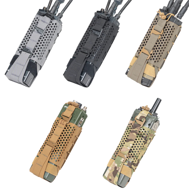 Shaw Concepts HIVE Radio Pouch displayed in all available colorways, ventilated tactical radio pouch with honeycomb heat exhaust, adjustable ride height and G Hook retention for plate carriers, modern communications gear, military combat loadouts, and law enforcement duty radio setups made in the USA