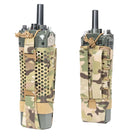 Shaw Concepts HIVE Radio Pouch detail showing CordLoc cable routing configurable to front or rear, ventilated tactical radio pouch with modular comms management for plate carriers, military combat gear setups, and law enforcement duty communications systems made in the USA