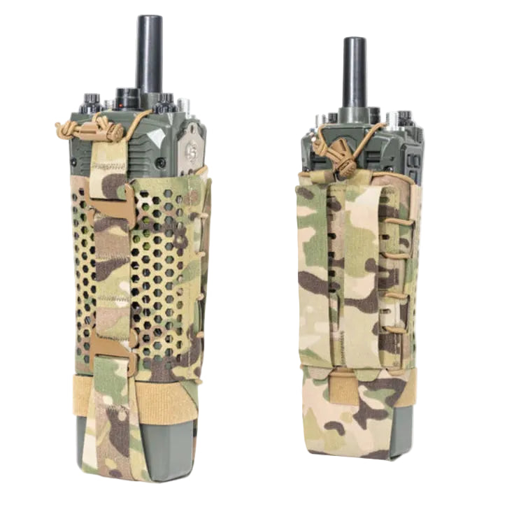 Shaw Concepts HIVE Radio Pouch detail showing CordLoc cable routing configurable to front or rear, ventilated tactical radio pouch with modular comms management for plate carriers, military combat gear setups, and law enforcement duty communications systems made in the USA