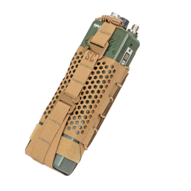 Shaw Concepts HIVE Radio Pouch in Coyote ventilated tactical comms pouch with honeycomb heat exhaust pattern, adjustable G Hook retention and battery access flap designed for plate carriers, modern field radios, combat gear loadouts, and law enforcement duty communications setups made in the USA