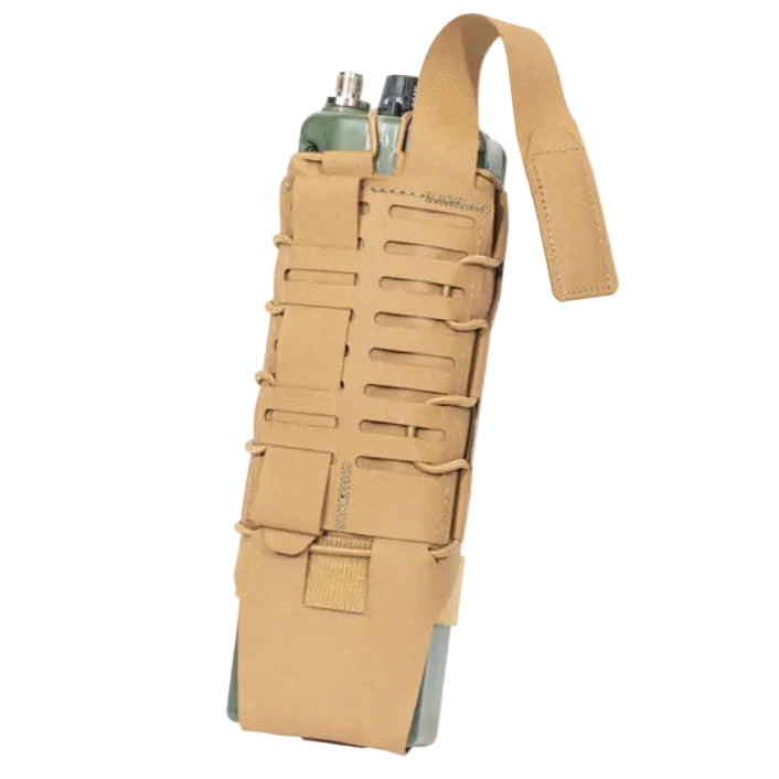 Shaw Concepts HIVE Radio Pouch showing MOLLE and PALS compatibility with half inch incremental mounting, ventilated tactical radio pouch engineered for precise plate carrier integration, modern comms gear, military combat loadouts, and law enforcement duty radio setups made in the USA