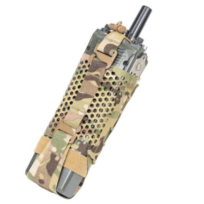 Shaw Concepts HIVE Radio Pouch in Multicam ventilated tactical radio mount with hex vent heat management, adjustable G Hook retention and battery access flap for plate carriers, modern field radios, military combat gear, and law enforcement duty communications setups made in the USA