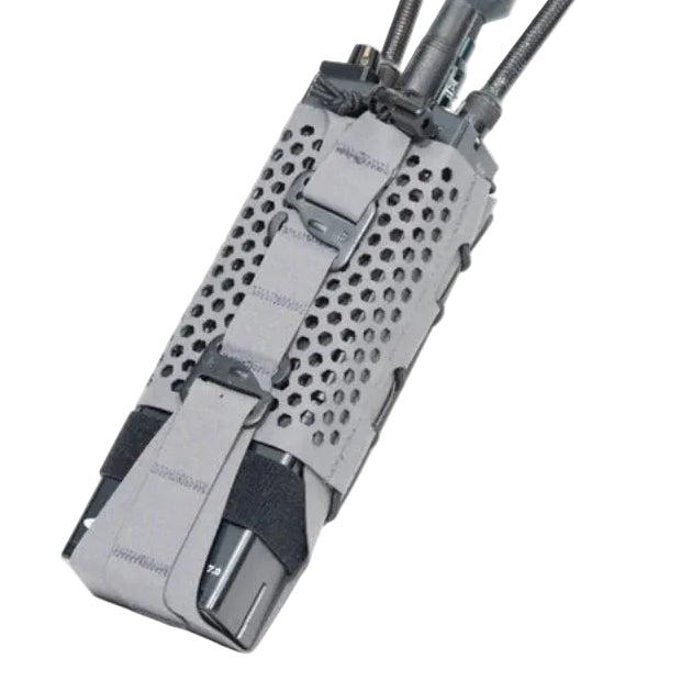 Shaw Concepts HIVE Radio Pouch in Wolf Grey ventilated tactical radio pouch with hex vent heat exhaust design, adjustable G Hook retention and cable routing options for plate carriers, modern comms systems, combat gear loadouts, and law enforcement duty radio setups made in the USA