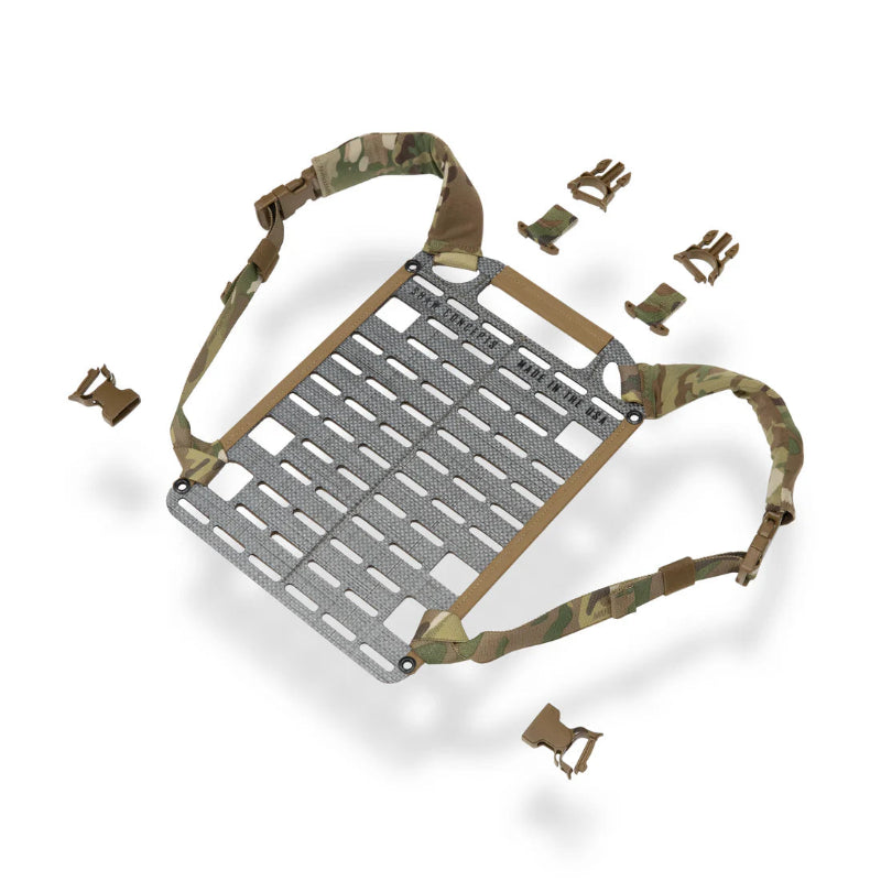 Exploded diagram of Shaw Concepts Plate Carrier Panel in Multicam showing Tegris base, MOLLE grid, straps, and mounting hardware