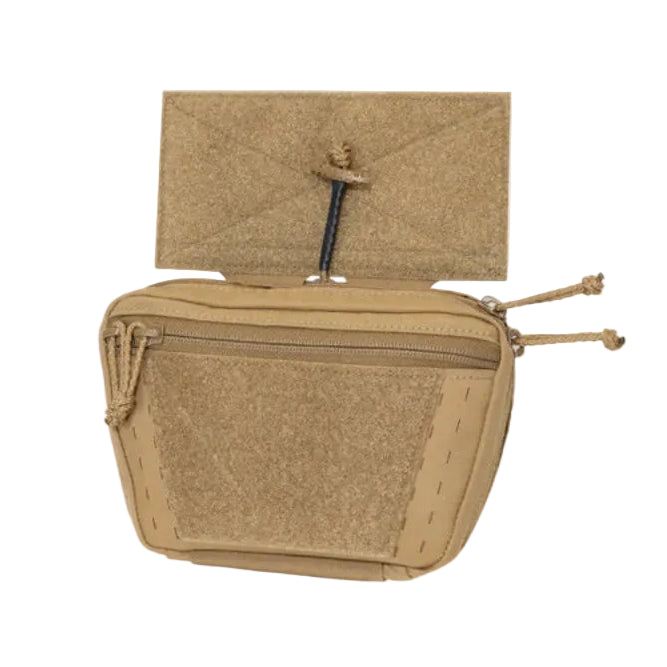 Shaw Concepts RAID Pouch V3 in Coyote showing Velcro loop Tubed flap for secure attachment to plate carrier, releasable drop down medical and utility pouch with First Spear Tube system built for IFAK kits, combat gear loadouts, and law enforcement duty applications made in the USA