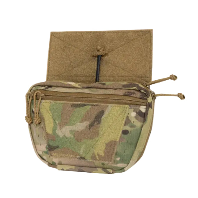 Shaw Concepts RAID Pouch V3 in Multicam showing Velcro loop Tubed flap for attachment to plate carrier, releasable drop down medical and utility pouch with First Spear Tube system built for IFAK setups, combat gear loadouts, and law enforcement duty applications made in the USA
