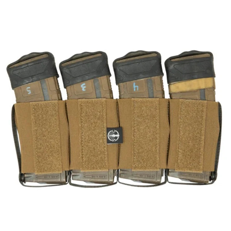 Shaw Concepts RAM Elastic Insert Quad 556 in Coyote featuring Tegris reinforced sidewalls and four 5.56 magazine cells, low profile elastic placard insert designed for smoother reloads and improved durability in hook and loop lined plate carrier setups made in the USA