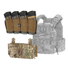 Shaw Concepts RAM Elastic Insert Quad 556 displayed alongside a plate carrier and placard before installation, showing reinforced four cell 5.56 magazine insert with Tegris sidewalls designed for hook and loop tactical loadout integration and smoother reload performance