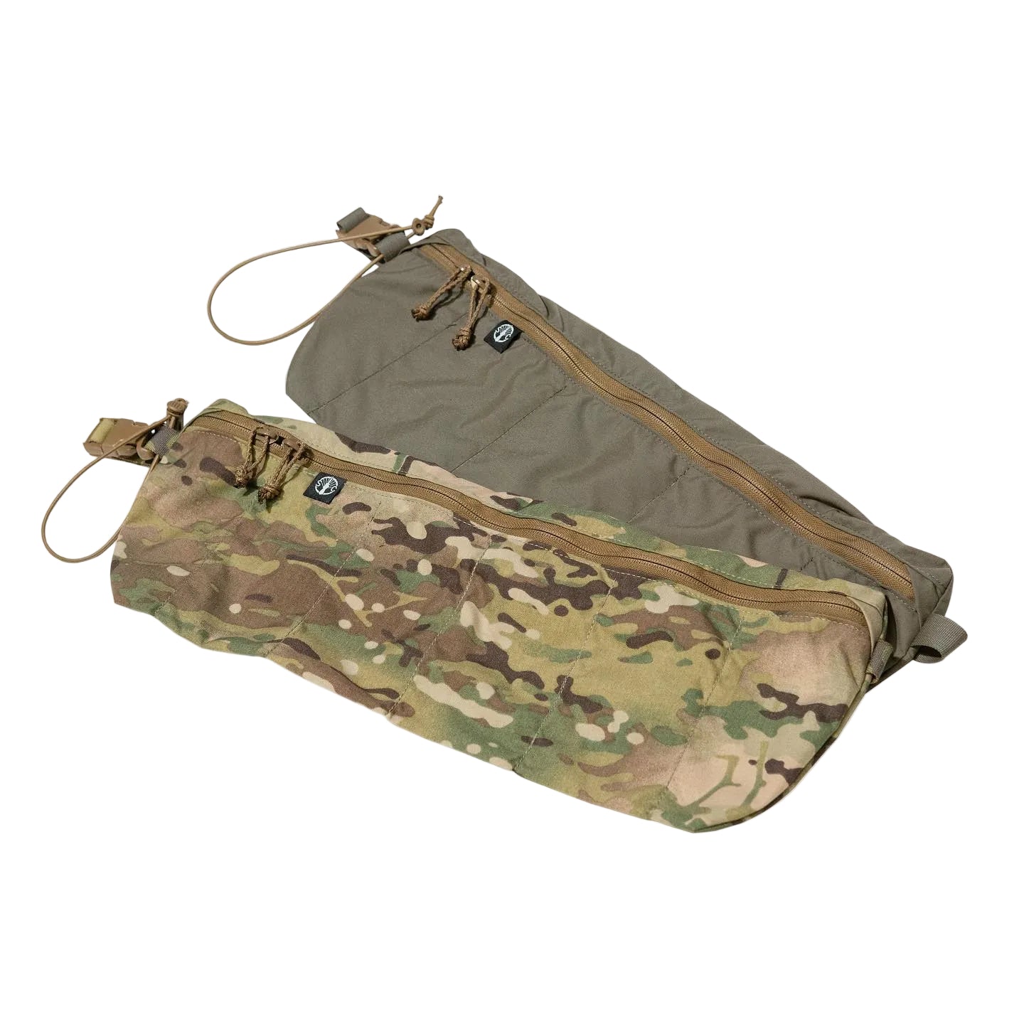 Shaw Concepts ReUp Bandolier in Multicam and Ranger Green shown in flat lay, modular rifle ammo bandoliers for .308 and 5.56 magazines with crossbody carry design and utility pockets built for combat gear, military loadouts, range kits, and law enforcement duty setups made in the USA