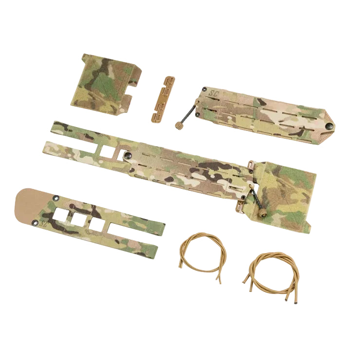 Shaw Concepts S-LOK 3-inch Cummerbund kit in Multicam displaying the complete modular system with cummerbund sleeves, front flaps, First Spear Tubes hardware, shock cord, and mounting components.