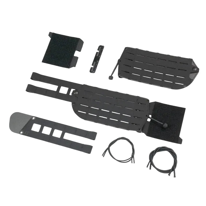 Shaw Concepts S-LOK 5-inch Cummerbund kit in Black showing the complete modular system with structural cummerbund sleeves, front flaps, Tubes hardware, and shock cord.