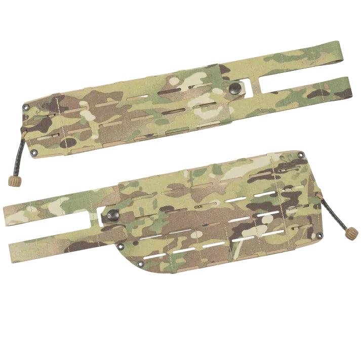 Angled view of the Shaw Concepts S-LOK 5-inch Cummerbund in Multicam highlighting the reinforced structural construction, full-length MOLLE webbing, First Spear Tubes integration, and modular component layout.