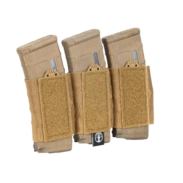 Shaw Concepts SPCTR Insert in Coyote elastic triple 5.56 mag insert for ARC Placard V4, low profile magazine retention upgrade with Velcro backing and shock cord integration designed for modular chest rigs, plate carriers, and military combat gear loadouts made in the USA