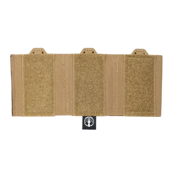 Shaw Concepts SPCTR Insert in Coyote shown unloaded, elastic triple 5.56 magazine placard insert with Velcro hook backing and low profile compression design for ARC Placard V4, modular chest rigs, and military combat gear setups made in the USA