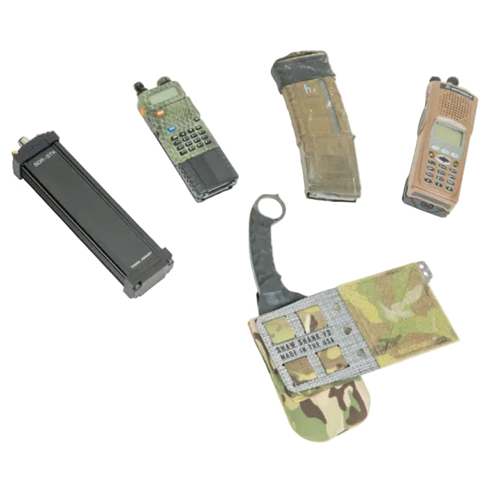 Shaw Concepts Shaw Shank V3 showing multiple carry options including fixed blade knife, rifle magazine, compact radio, and tourniquet, low profile side mount pouch for plate carriers and chest rigs built for modular combat gear, military loadouts, and law enforcement duty setups made in the USA