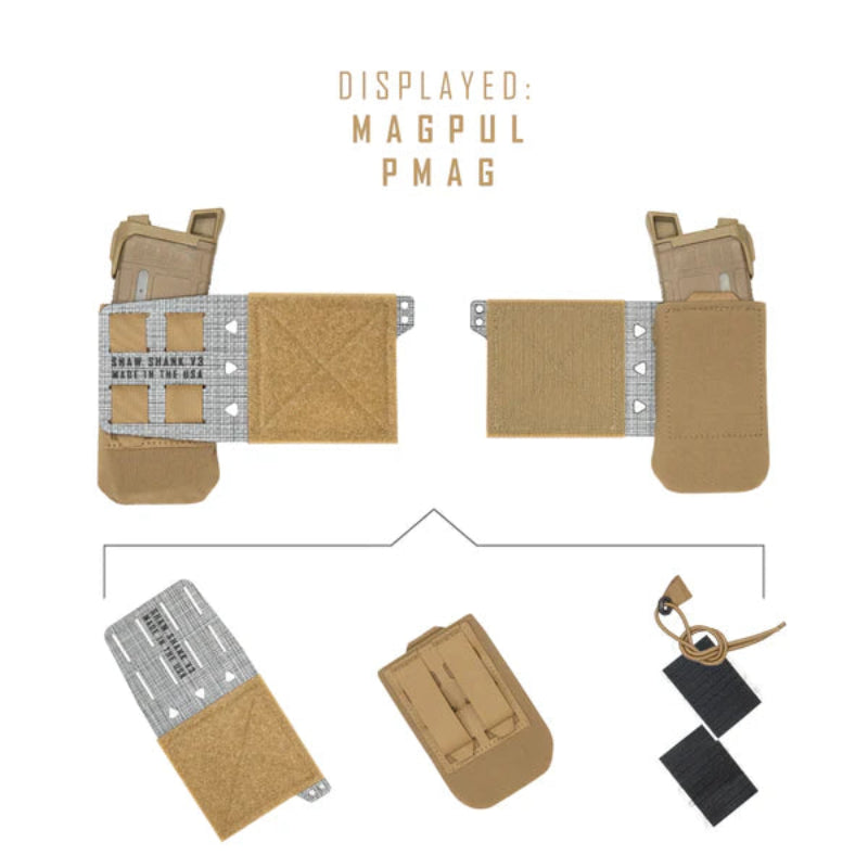Shaw Concepts Shaw Shank V3 in Coyote configured with rifle magazine insert, low profile side mount plate carrier pouch with Tegris reinforced flap designed for modular combat gear, military loadouts, and law enforcement duty setups made in the USA