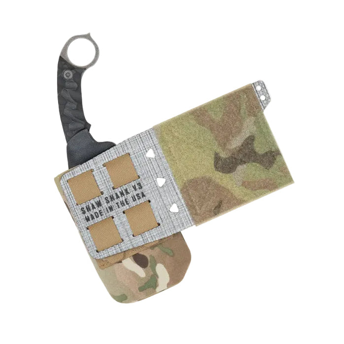 Shaw Concepts Shaw Shank V3 in Multicam low profile fixed blade knife pouch mounted for plate carrier and chest rig setups, Tegris reinforced side mount tactical knife carrier with Velcro retention built for combat gear, military loadouts, and law enforcement duty applications made in the USA