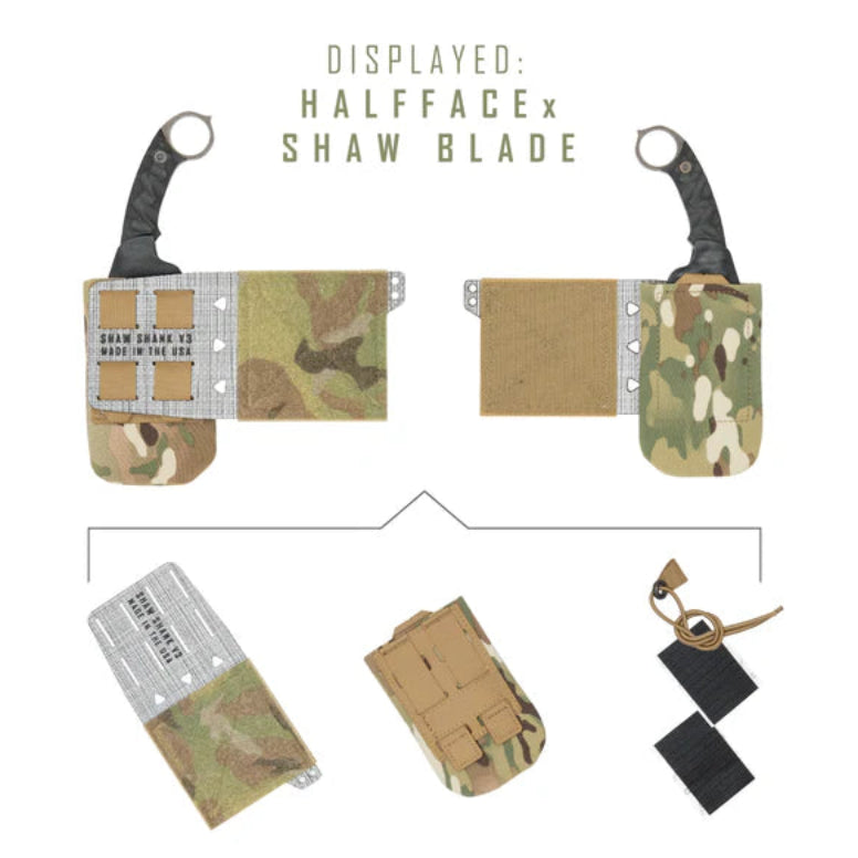 Shaw Concepts Shaw Shank V3 in Multicam mounted on plate carrier as part of full tactical setup, low profile fixed blade knife pouch with Tegris reinforced side mount designed for streamlined combat gear, military loadouts, and law enforcement duty applications made in the USA