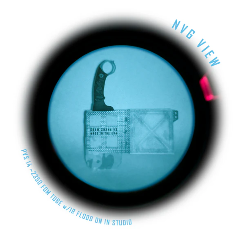 Shaw Concepts Shaw Shank V3 viewed under night vision showing low IR signature and streamlined side mount profile, low profile fixed blade knife pouch with Tegris mounting flap designed for plate carrier setups, covert combat gear, and law enforcement duty operations made in the USA