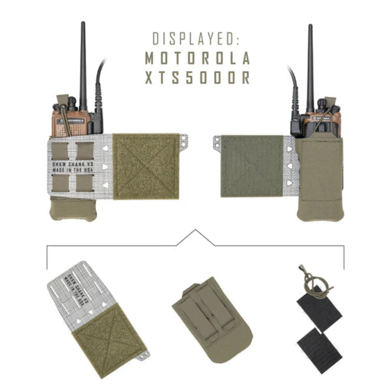 Shaw Concepts Shaw Shank V3 in Ranger Green configured with compact radio for side mount carry on plate carrier, low profile Tegris reinforced pouch designed for modular combat gear, military communications loadouts, and law enforcement duty setups made in the USA