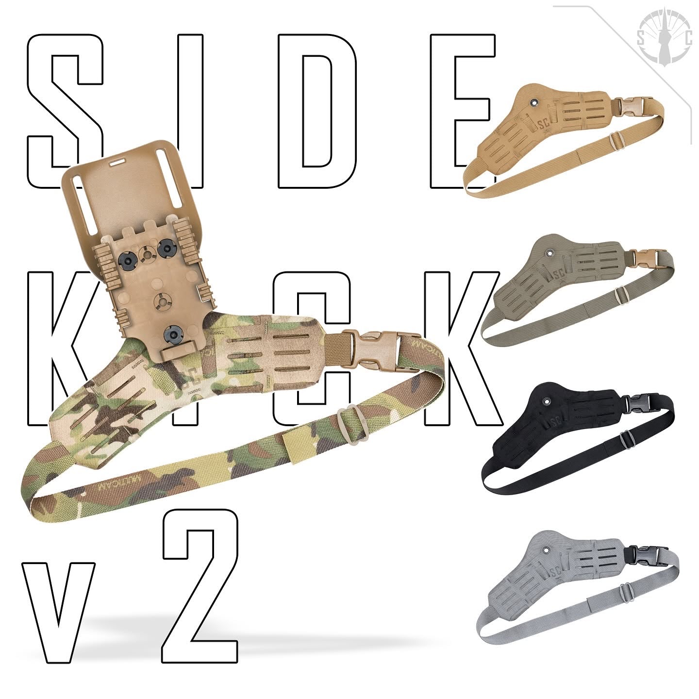Multiple colorways of the Shaw Concepts Side Kick V2 Holster Pad showing the padded drop leg adapter designed for enhanced holster comfort and load distribution.