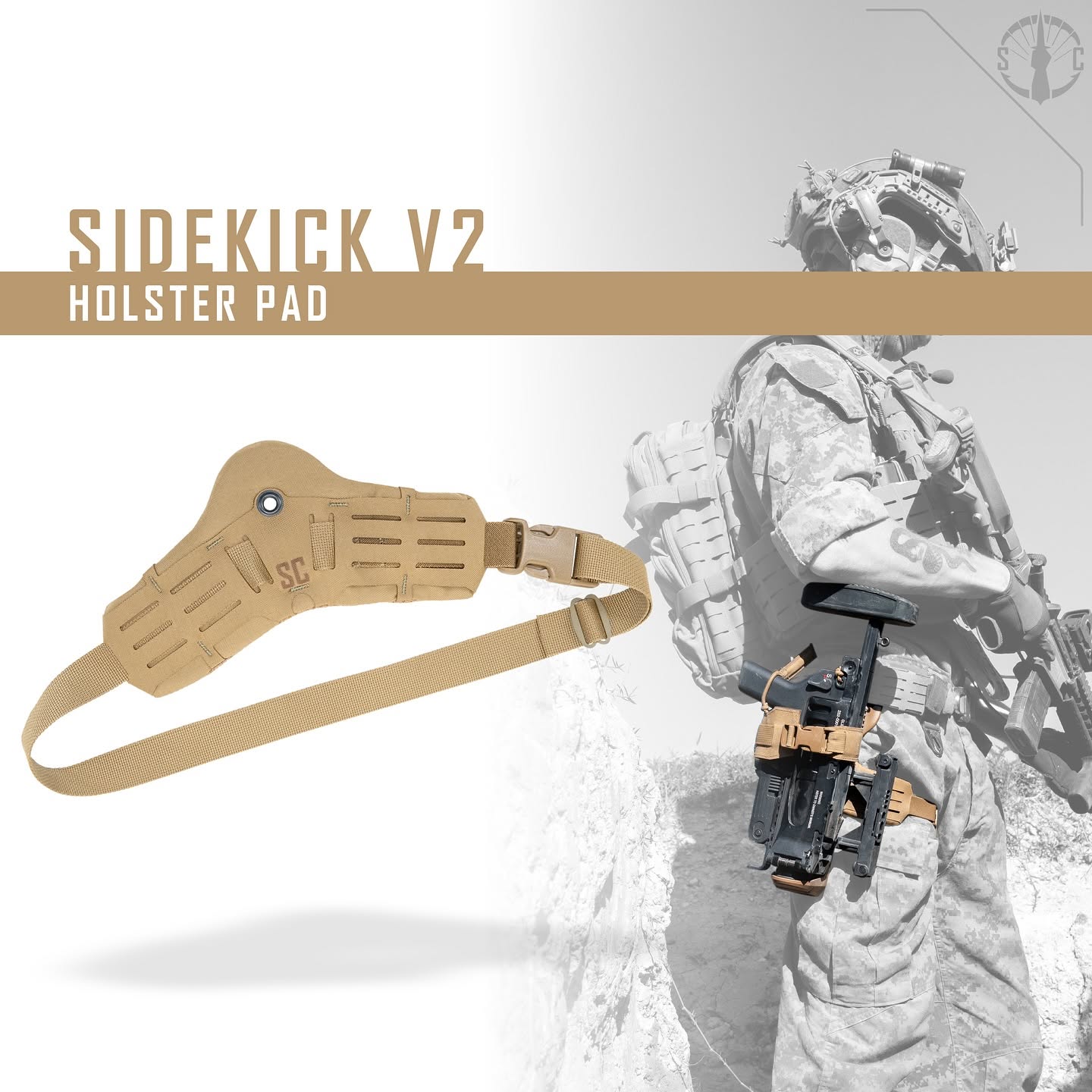 Shaw Concepts Side Kick V2 Holster Pad installed on a tactical holster setup, demonstrating improved comfort, stability, and thigh support during extended wear.