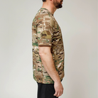 Side profile of short sleeve MultiCam range shirt with official loop bicep patch area for ID or morale patches, ideal for tactical and training use