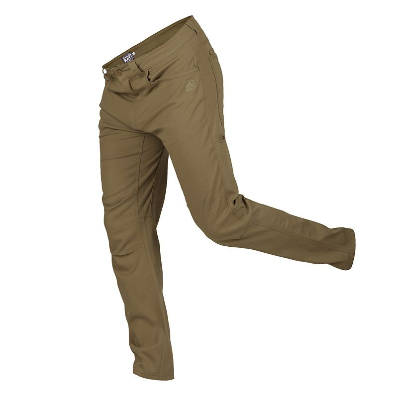 Side view of the Dark Desert Sand Carlos Ray Pants showing stretch performance for tactical and daily wear.