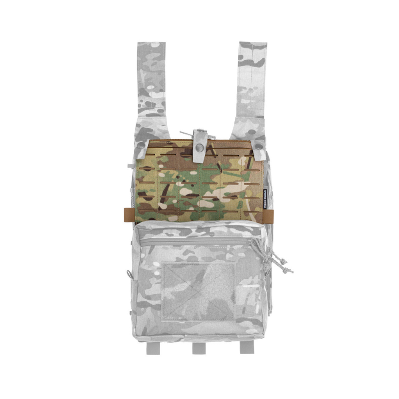 Spiritus Systems Back Panel MOLLE Flap in Multicam mounted above the main storage compartment of an Assault Back Panel Core Mk 2, demonstrating modular pouch attachment.