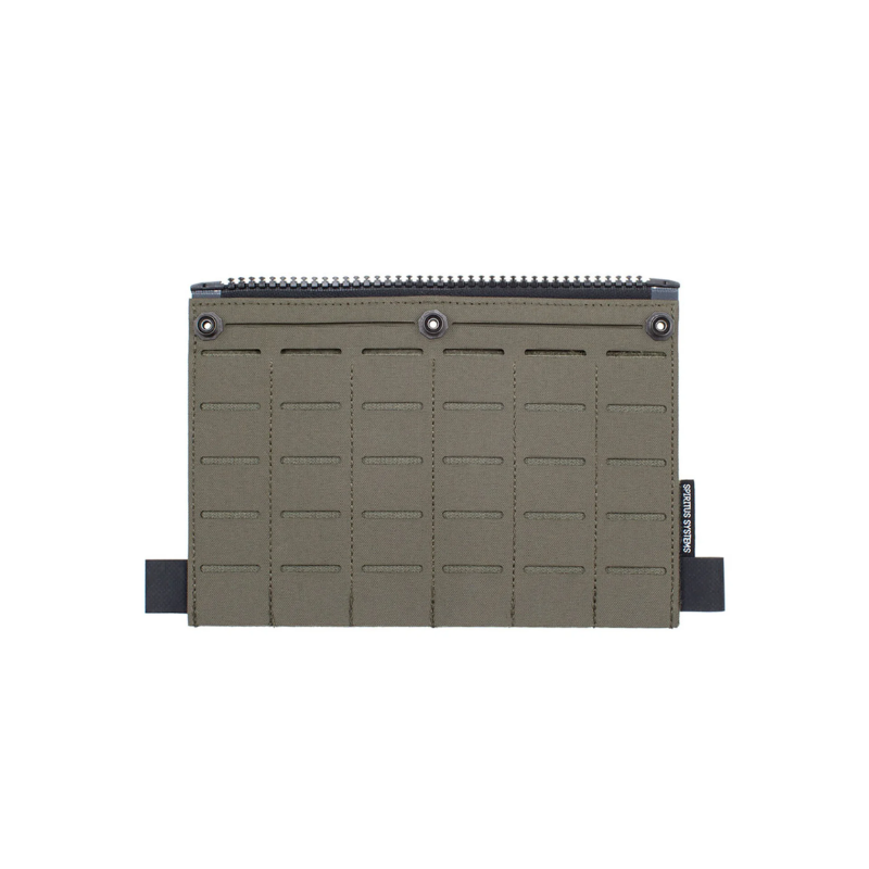Spiritus Systems Back Panel MOLLE Flap in Ranger Green featuring six columns of laser-cut MOLLE webbing, metal eyelets, and zipper attachment for tactical gear.