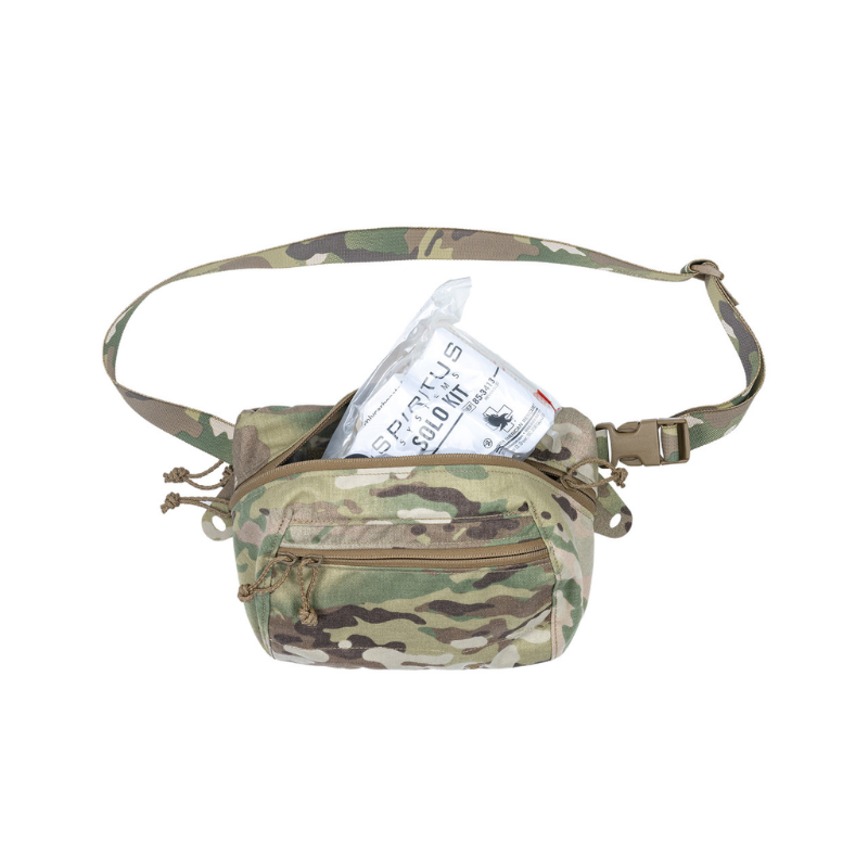 Spiritus Systems BIG Fanny SACK in Multicam with main compartment open to display a Spiritus Systems medical kit inside