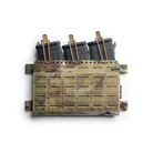 Spiritus Systems Bungee Retention Kit in Coyote Brown securing three rifle magazines in a Multicam tactical placard using elastic shock cord and pull tabs.