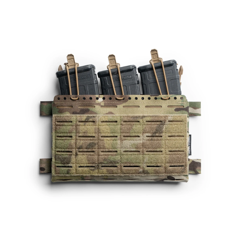Spiritus Systems Bungee Retention Kit in Coyote Brown securing three rifle magazines in a Multicam tactical placard using elastic shock cord and pull tabs.