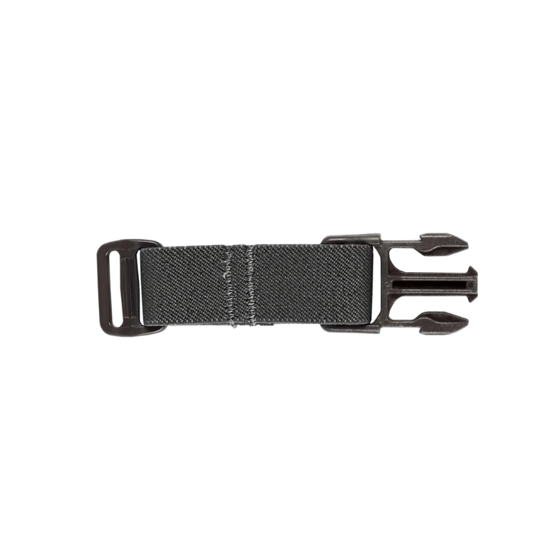 Spiritus Systems Elastic Strap Extender in Black featuring stretch webbing, reinforced stitching, and Fastex buckle hardware for tactical chest rig back straps.
