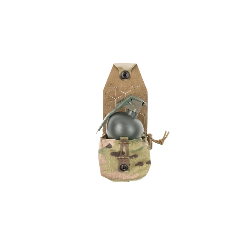 Spiritus Systems Frag Grenade SPUD Pouch in Multicam shown open with an M67-style fragmentation grenade inside.