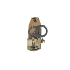 Spiritus Systems Frag Grenade SPUD Pouch in Multicam shown open with a pair of handcuffs secured inside the pouch.