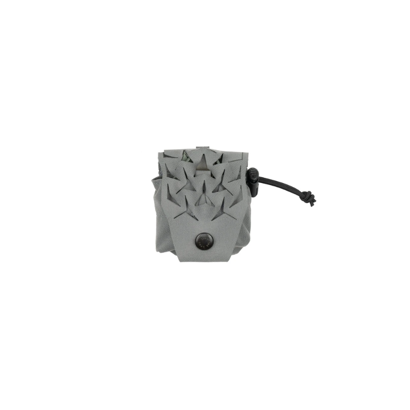 Spiritus Systems Frag Grenade SPUD Pouch in Wolf Grey with laser-cut scrim retention flap, snap closure, and side shock cord.