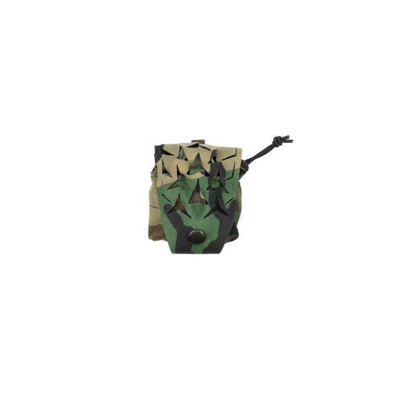 Spiritus Systems Frag Grenade SPUD Pouch in Woodland camouflage featuring laser-cut scrim flap, snap closure, and adjustable shock cord.