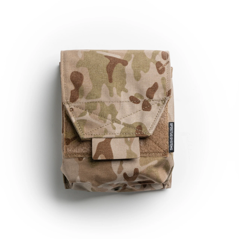 Spiritus Systems JSTA Pouch in Multicam Arid camouflage with hook-and-loop flap closure and low-profile tactical storage design.
