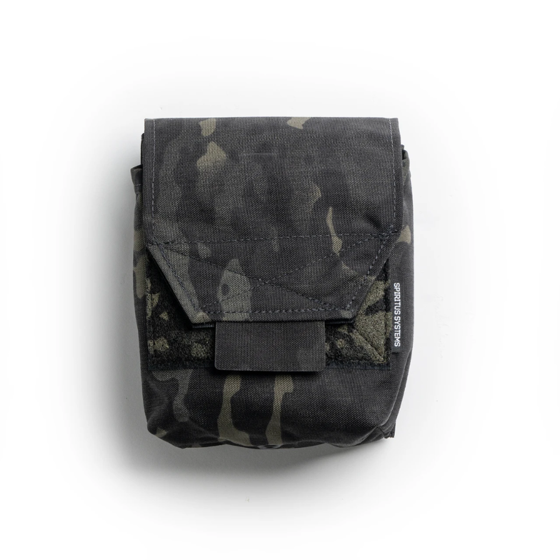 Spiritus Systems JSTA Pouch in Multicam Black camouflage featuring a hook-and-loop flap closure and compact MOLLE-compatible construction.