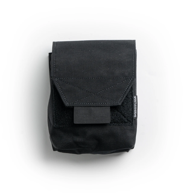 Spiritus Systems JSTA Pouch in Black featuring a compact tactical design with hook-and-loop flap closure for magazine and general-purpose storage.