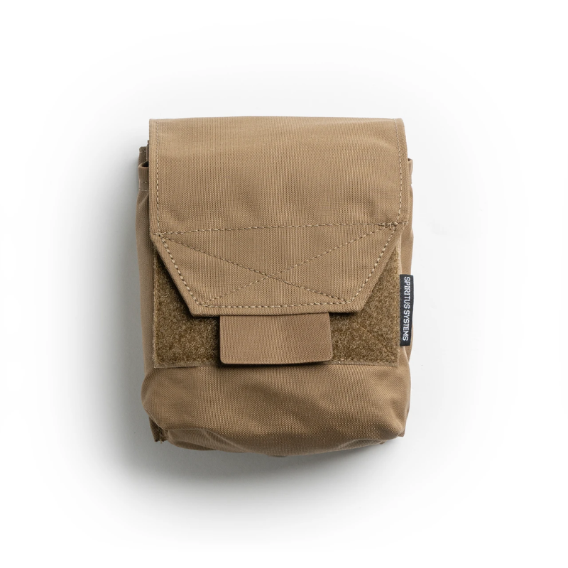 Spiritus Systems JSTA Pouch in Coyote Brown with hook-and-loop flap closure and dual-purpose storage for tactical magazines and accessories.