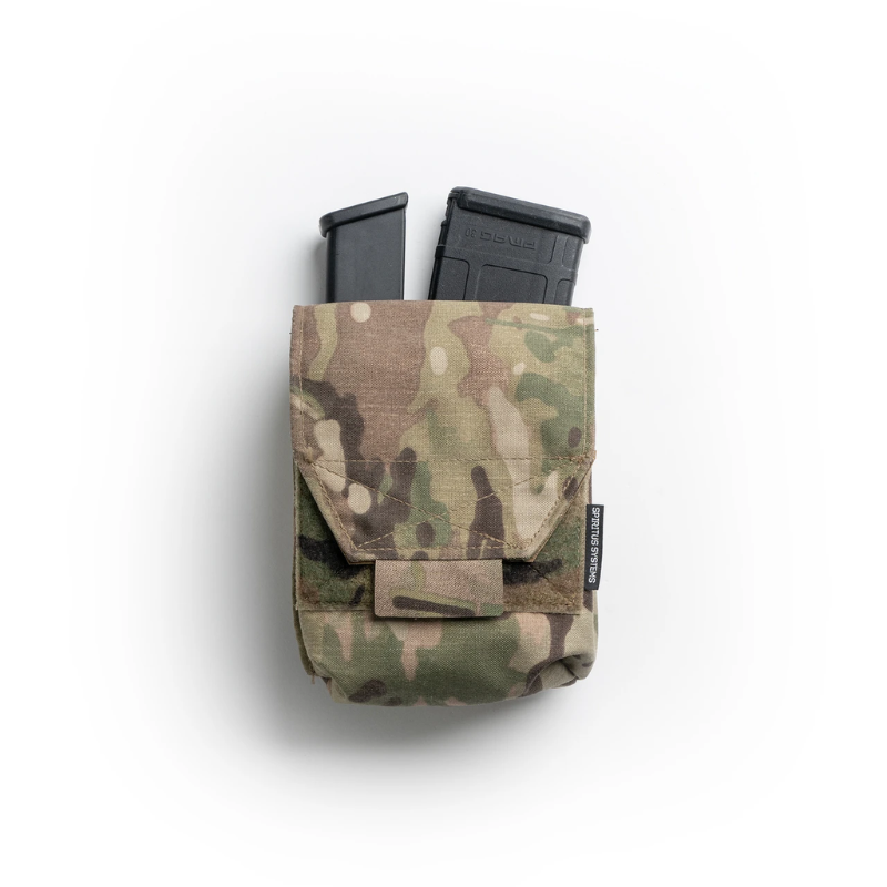 Spiritus Systems JSTA Pouch in Multicam holding a rifle magazine and pistol magazine, demonstrating its dual-purpose tactical storage configuration.