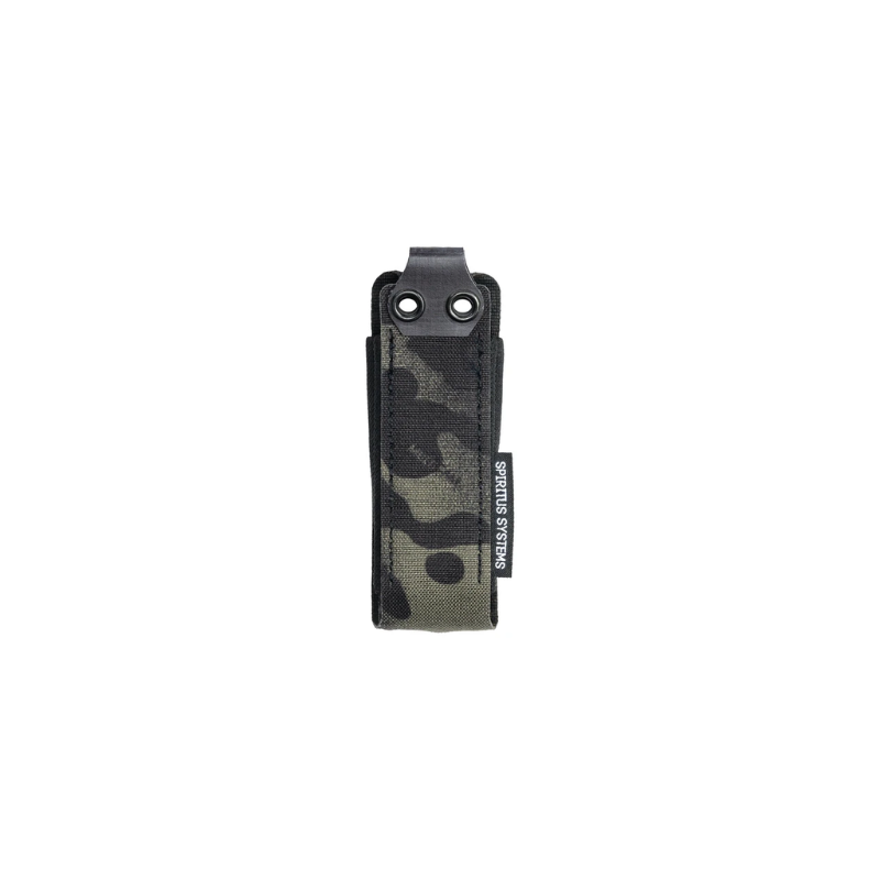 Spiritus Systems Pistol Mag Pouch in Multicam Black camouflage featuring a slim profile and reinforced mounting design.