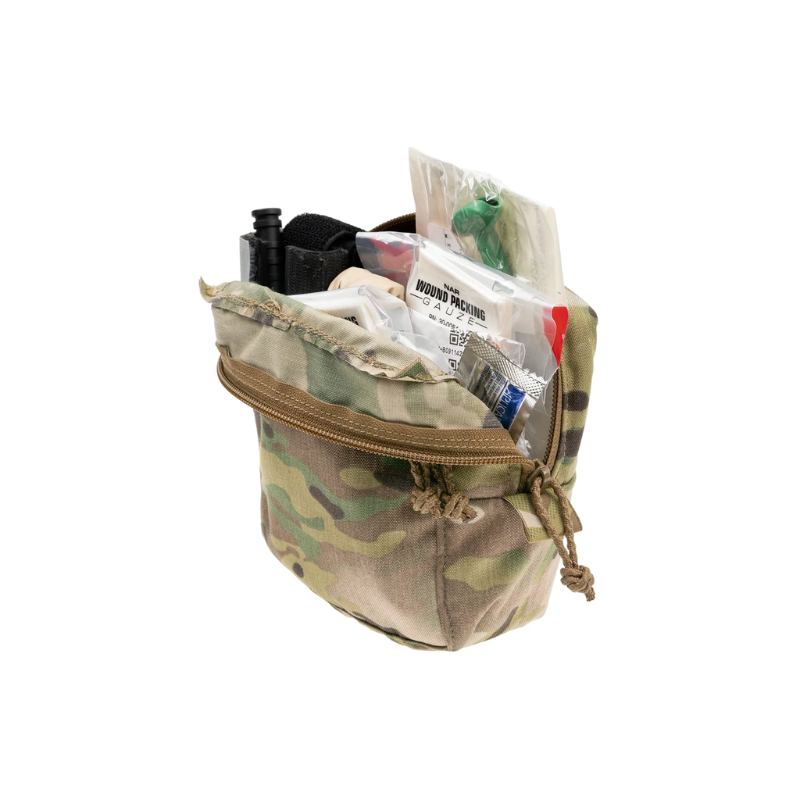 Spiritus Systems Small GP Pouch in Multicam shown open and packed with medical supplies, demonstrating its spacious main compartment.