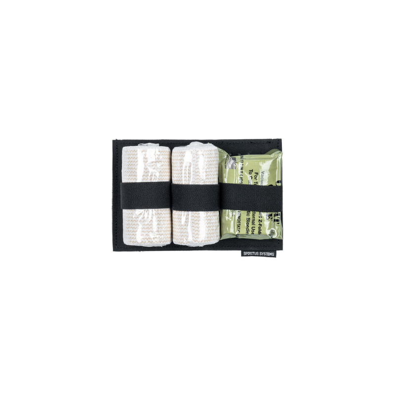 A black tactical pouch with a black elastic band holding two rolled white gauze pads and a green packet, shown on a plain white background.