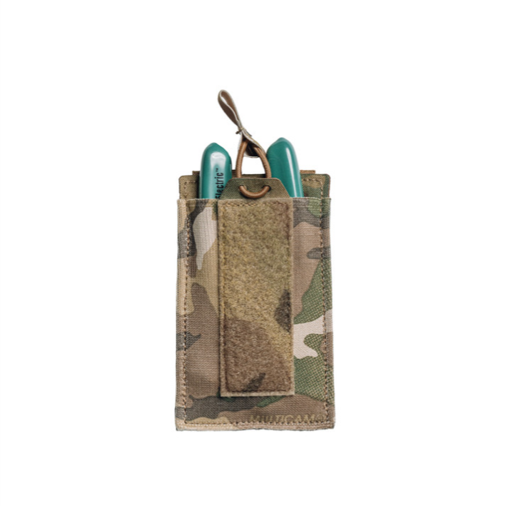 Spiritus Systems EMP Single Elastic Mag Pouch shown in field use on a tactical chest rig, carrying a 5.56 magazine. Built with elastic construction for secure retention, MOLLE mounting for modular loadouts, and optional bungee strap for added security.