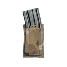 Spiritus Systems EMP Single Elastic Mag Pouch in MultiCam shown holding a 5.56 magazine. Slim, low-profile pouch with elastic construction, optional bungee retention, and MOLLE compatibility for chest rigs, cummerbunds, or packs.